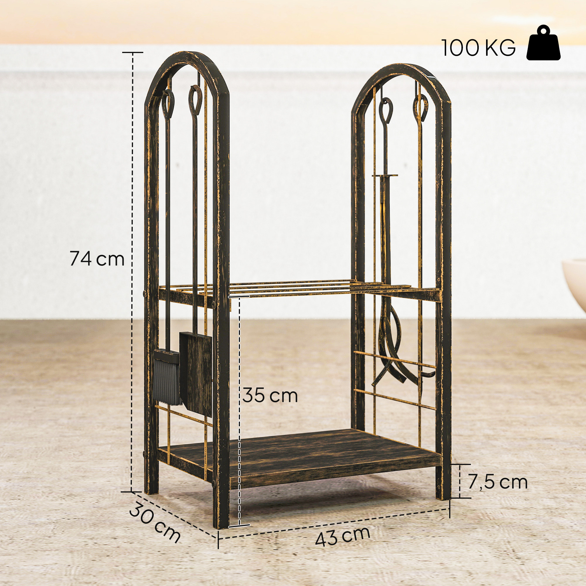 Outsunny Estante de Leña de Metal, Leñero Exterior de 2 Niveles con 4 Herramientas para Chimenea y Ganchos, Soporte para Leña de Chimenea para Interior y Exterior, Carga 100 kg, 43x30x74 cm, Marrón
