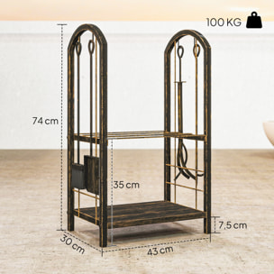 Outsunny Estante de Leña de Metal, Leñero Exterior de 2 Niveles con 4 Herramientas para Chimenea y Ganchos, Soporte para Leña de Chimenea para Interior y Exterior, Carga 100 kg, 43x30x74 cm, Marrón