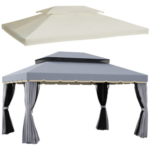 Conjunto de Cenador Incluye 1 Cenador de Jardín 4x3 m con 4 Cortinas Laterales 4 Mosquiteras y 1 Techo de Repuesto 4x3 m para Fiestas Eventos Exterior Gris y Crema