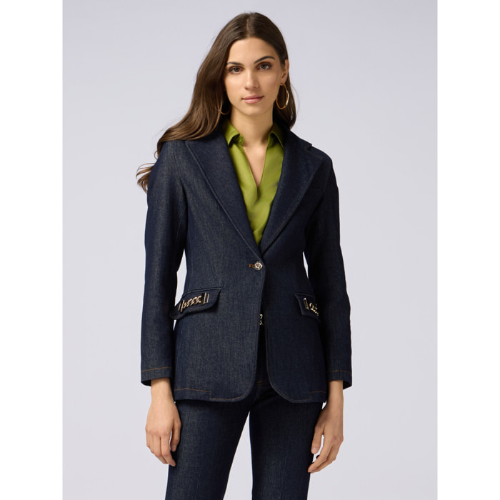 Oltre - Blazer de mezclilla con cadenas metálicas - Azul
