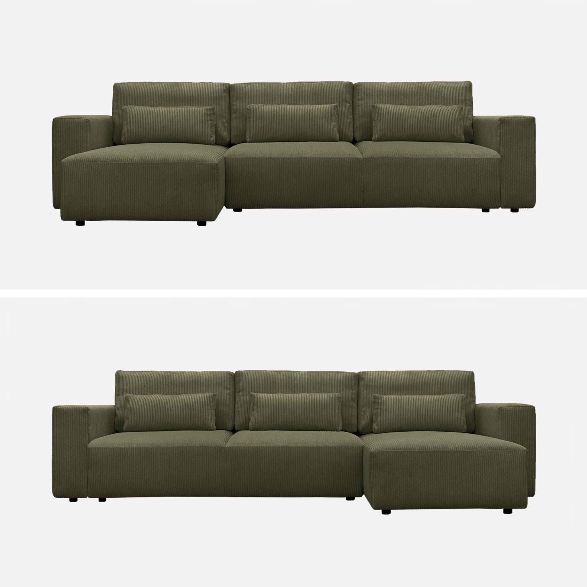 Canapé d'angle convertible réversible 5 places velours côtelé kaki avec coffre de rangement - Theo