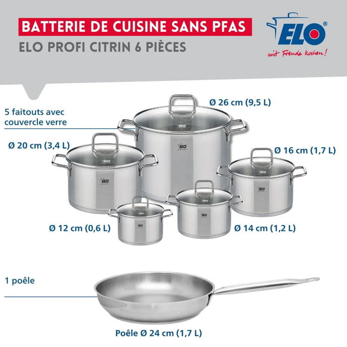 Ensemble de 1 Poêle de cuisson 24 cm et 5 faitouts 12, 14, 16, 20 et 26 cm Elo Profi Citrin