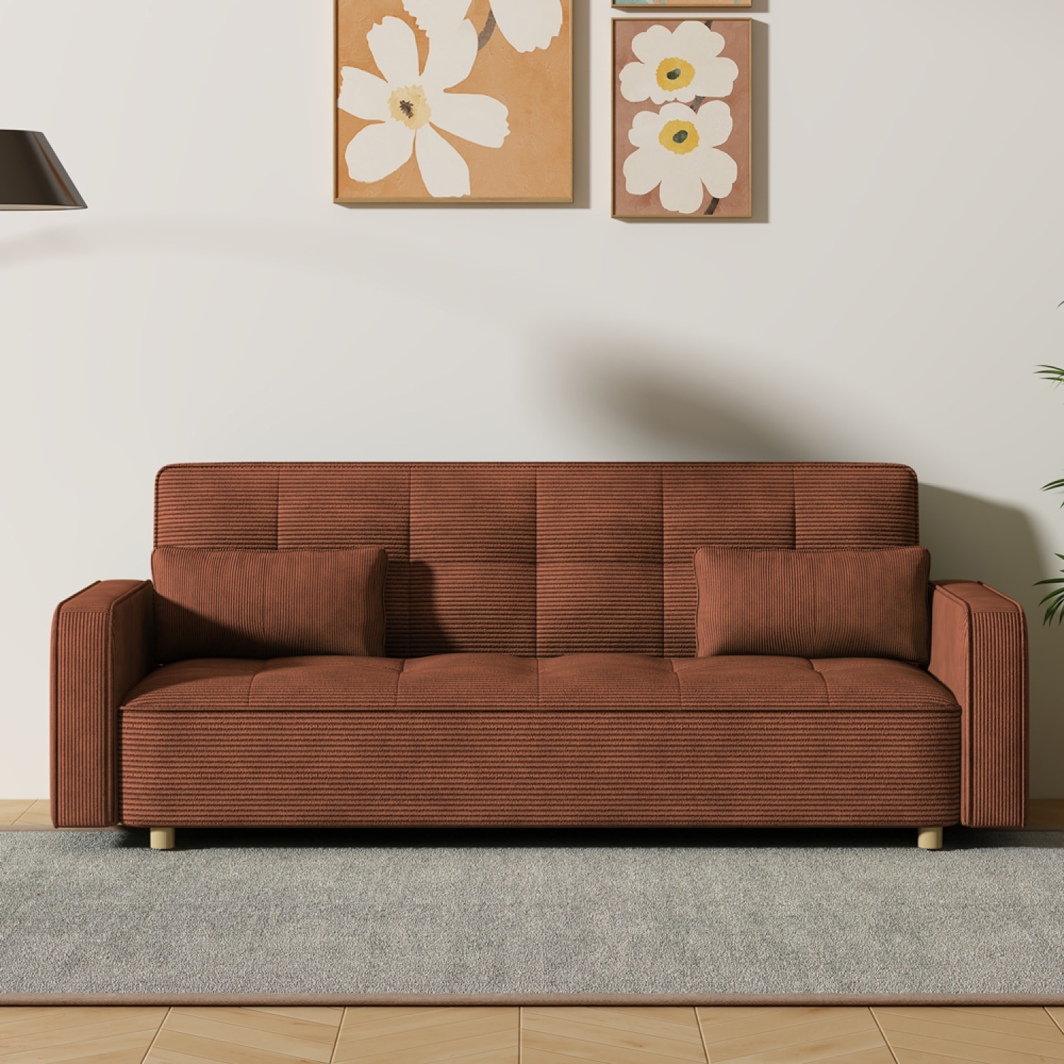 COOPER Canapé scandinave convertible 3 places en velours côtelé terracotta