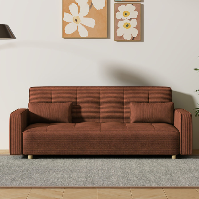 COOPER Canapé scandinave convertible 3 places en velours côtelé terracotta