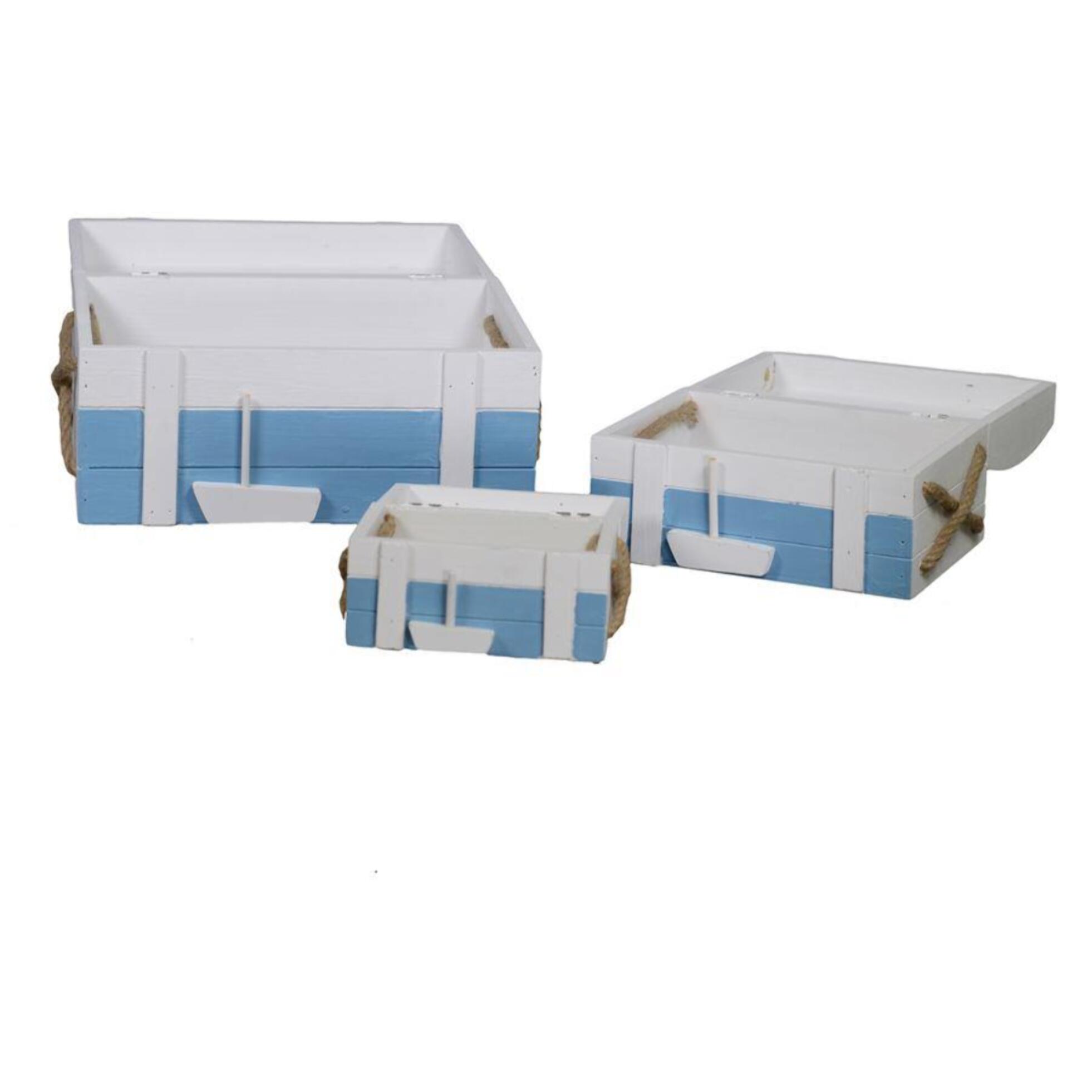 Set di 3 scatole in legno mare a righe bianco/azzurro rettangolare cm32x20h17,5