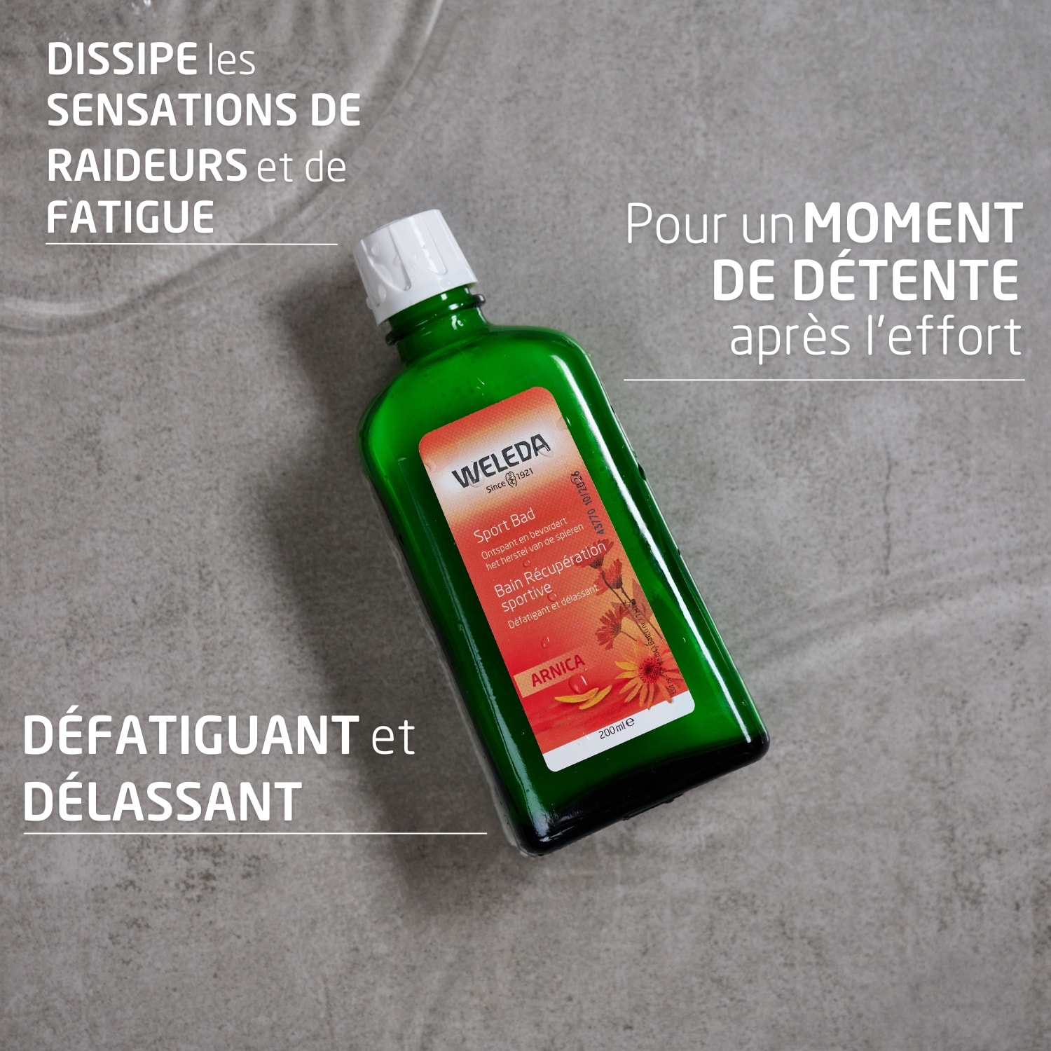 WELEDA - Pack Economique - Bain Récupération Sportive Arnica + Gel Douche Sport Arnica - Détend, revitalise, nettoie et rafraîchit - Après l'effort - Vegan* - Certifié Natrue** - Flacon en verre 200ml + Flacon pompe 750ml