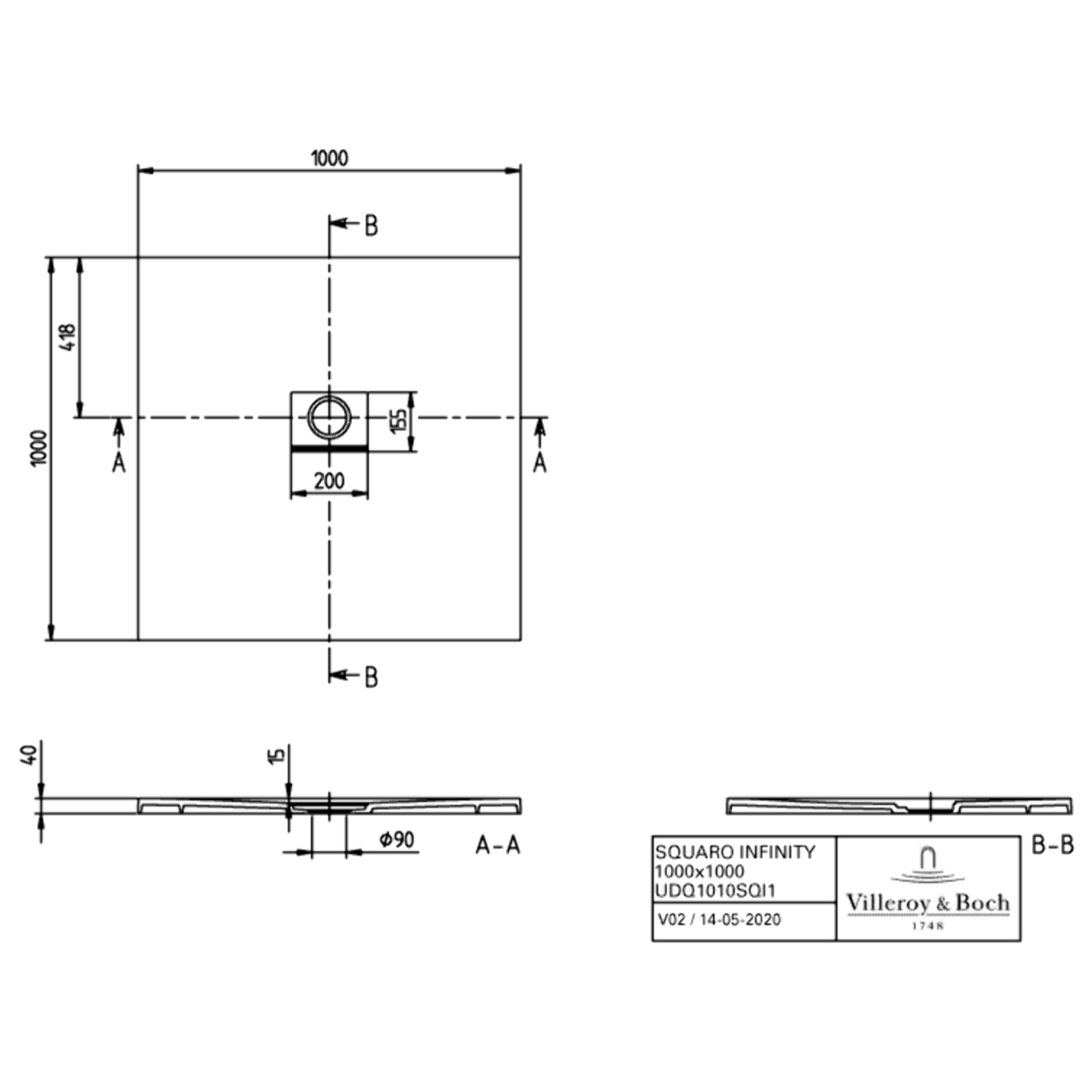 Receveur antidérapant 100 x 100 Squaro Infinity quaryl carré gris anthracite