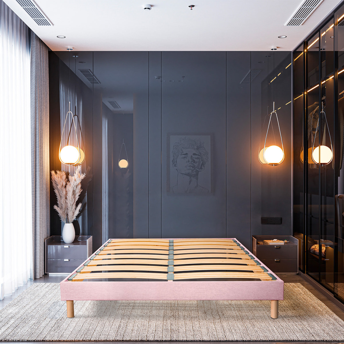 Sommier Lumière Technologie Tri-Lattes, tissu rose, Bois Épicéa, H30 cm, Lattes Actives, Aération Optimale