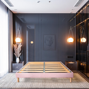 Sommier Lumière Technologie Tri-Lattes, tissu rose, Bois Épicéa, H30 cm, Lattes Actives, Aération Optimale