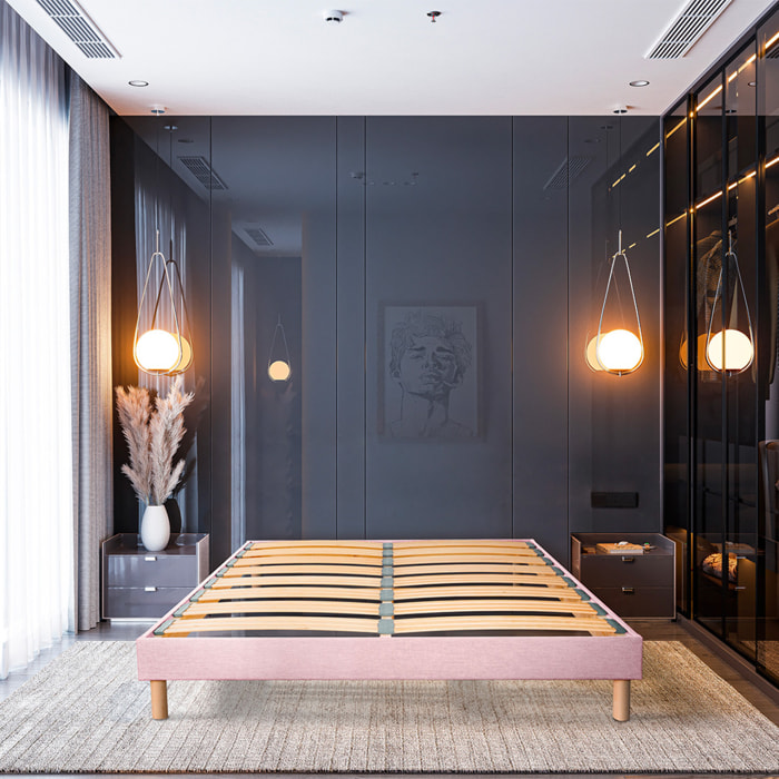 Sommier Lumière Technologie Tri-Lattes, tissu rose, Bois Épicéa, H30 cm, Lattes Actives, Aération Optimale