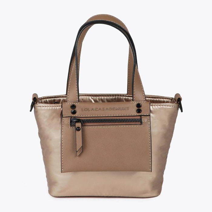 Mini shopper in nylon satinato con dettagli in effetto pelle