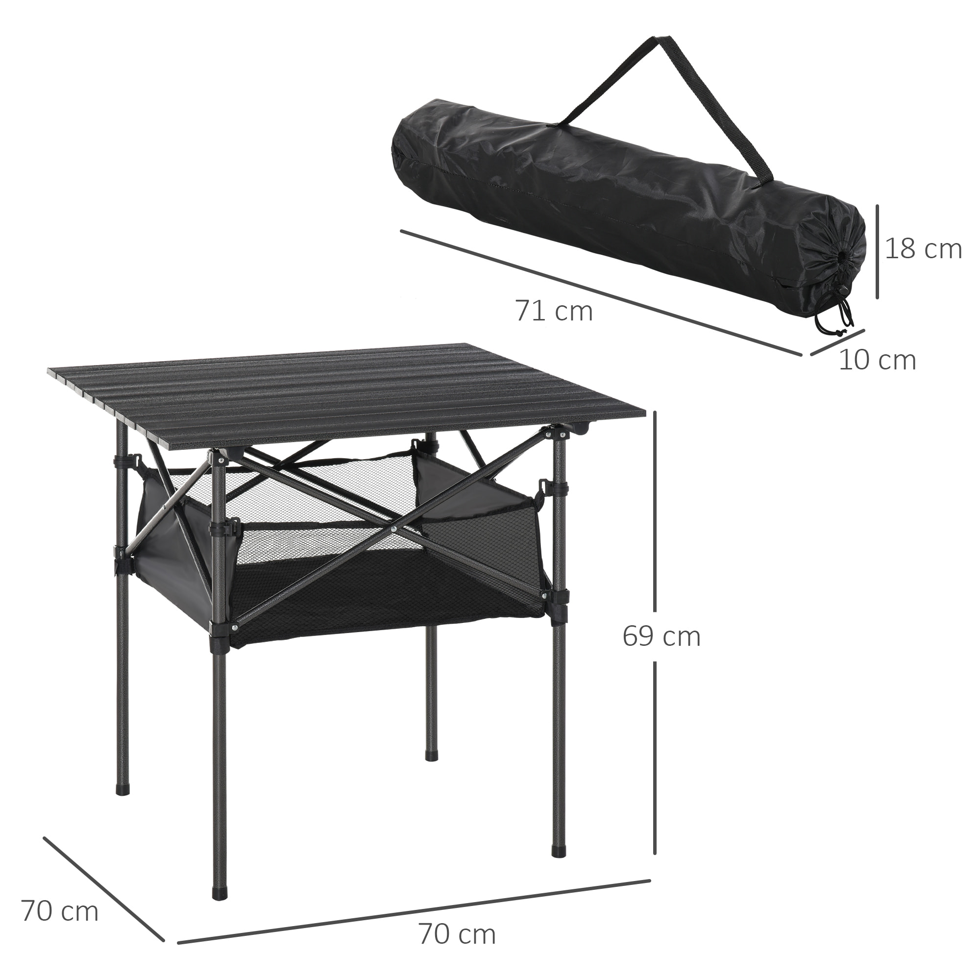 Mesa de Camping Plegable con Almacenaje de Malla Bolsa de Transporte 70x70x69 cm