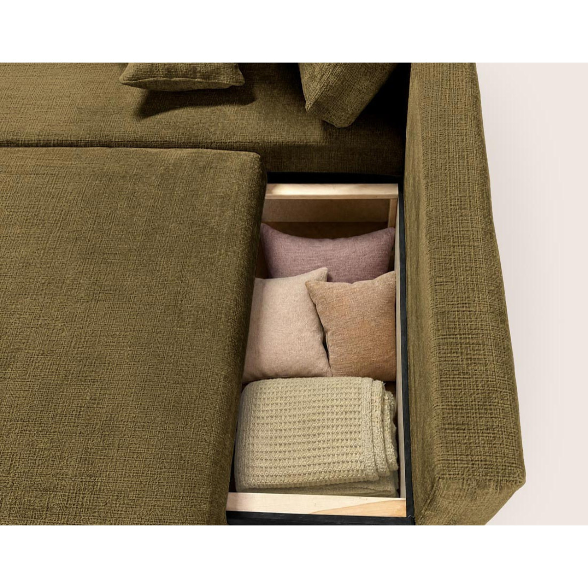 Miro - Canapé d'angle gauche 4 places convertible avec coffre en velours texturé - Vert Olive