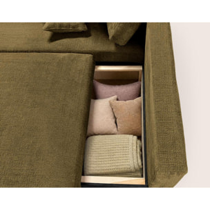 Miro - Canapé d'angle gauche 4 places convertible avec coffre en velours texturé - Vert Olive