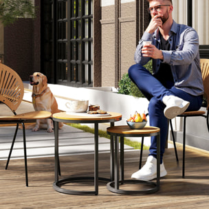 Juego de 2 Mesas de Jardín con Encimera de Madera de Acaica Diseño Listones Mesas Auxiliares de Jardín Nido con Marco de Acero y Pies Ajustables para Balcón Terraza Patio Teca y Negro