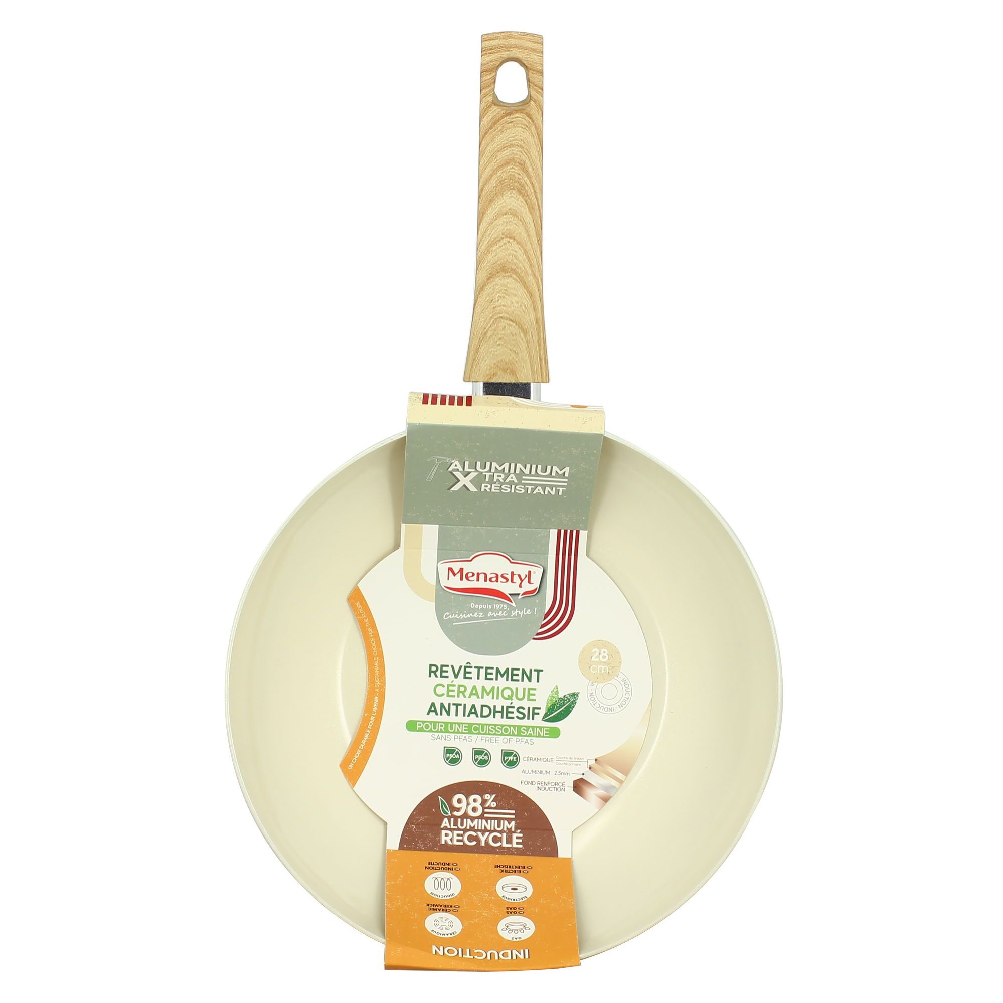 Wok 24cm avec revêtement céramique crème - tous feux COLORAMA