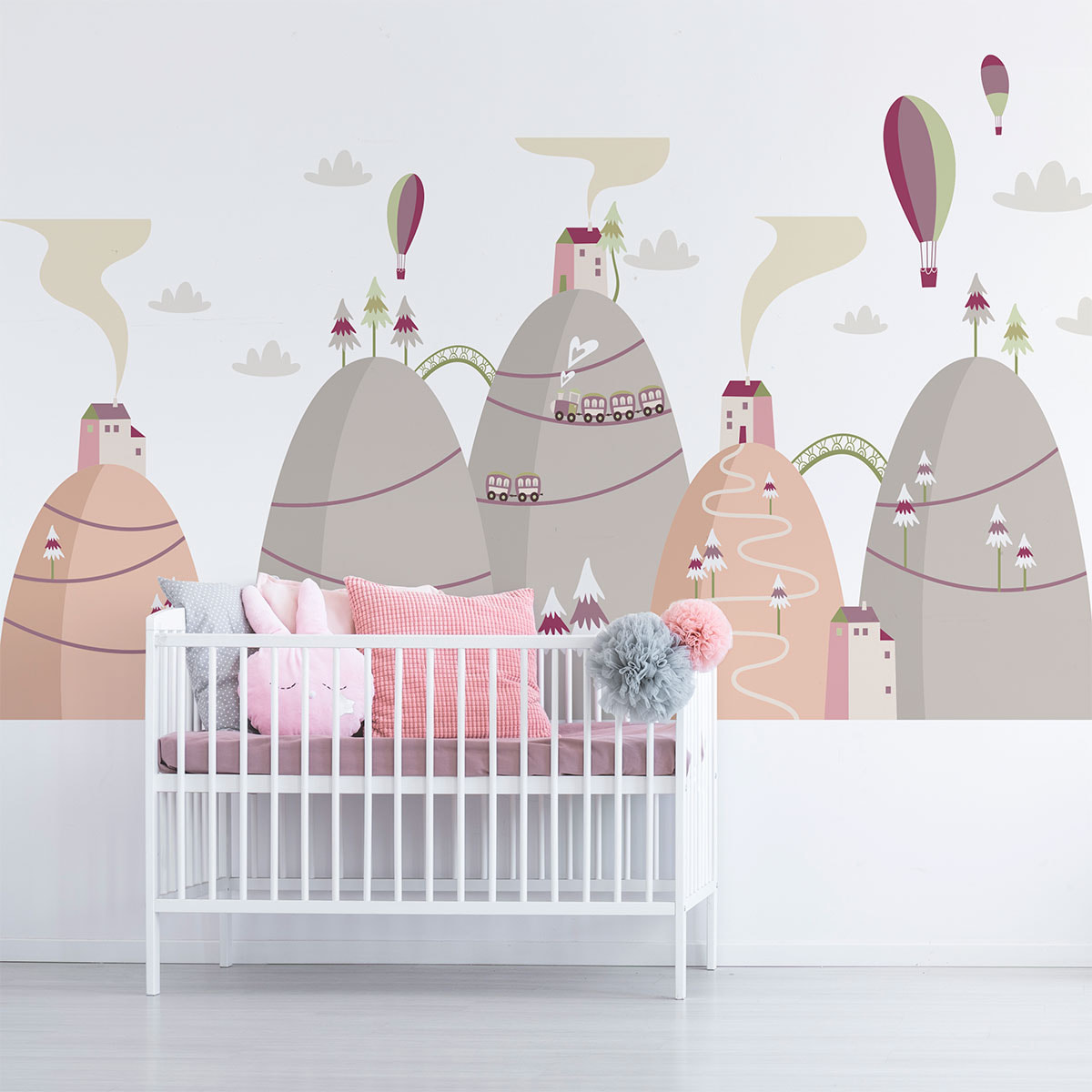 Stickers muraux enfants - Décoration chambre bébé - Autocollant Sticker mural géant enfant montagnes scandinaves MONTGOLFIÈRES AMIES DU CIEL