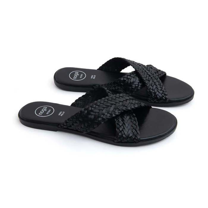 Ciabatta Flat "Woven Cross" in Vera Pelle - NERO
