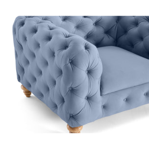 Walter - fauteuil chesterfield en velours - pieds bois - Bleu Ardoise
