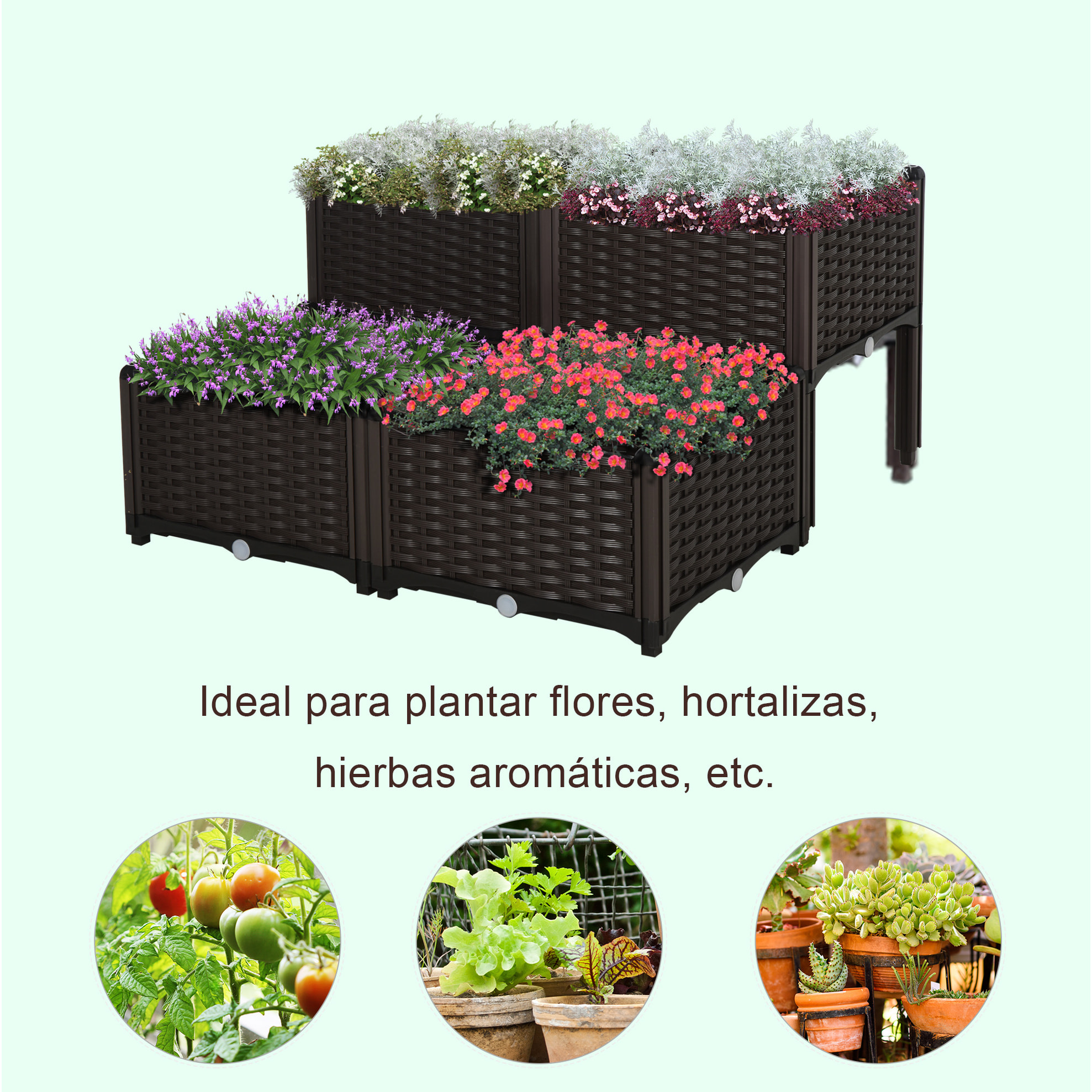 Juego de 4 Jardineras de Exterior Jardineras Cuadradas Imitación a Mimbre Combinación Libre Maceteros para Jardín Patio 40x40x26/44 cm Marrón