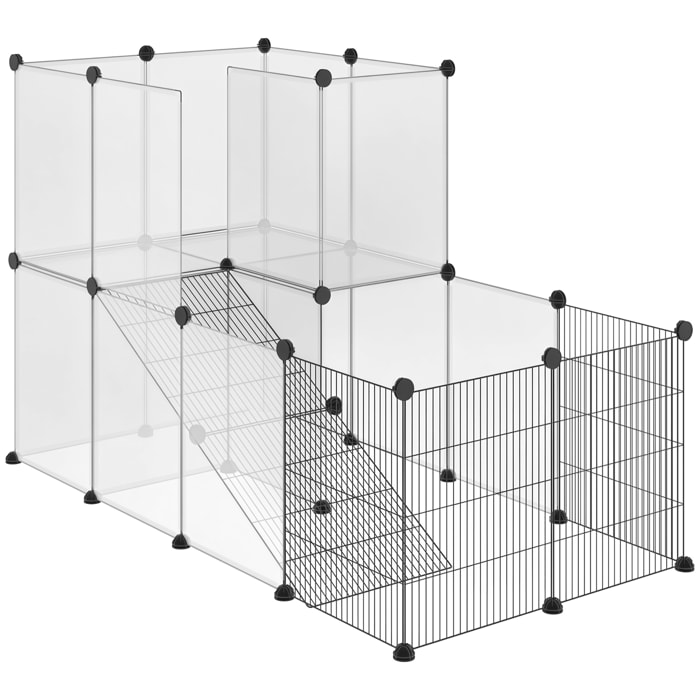 Cage parc enclos modulable rongeurs 2 niveaux 27 panneaux fil métallique noir PP transparent