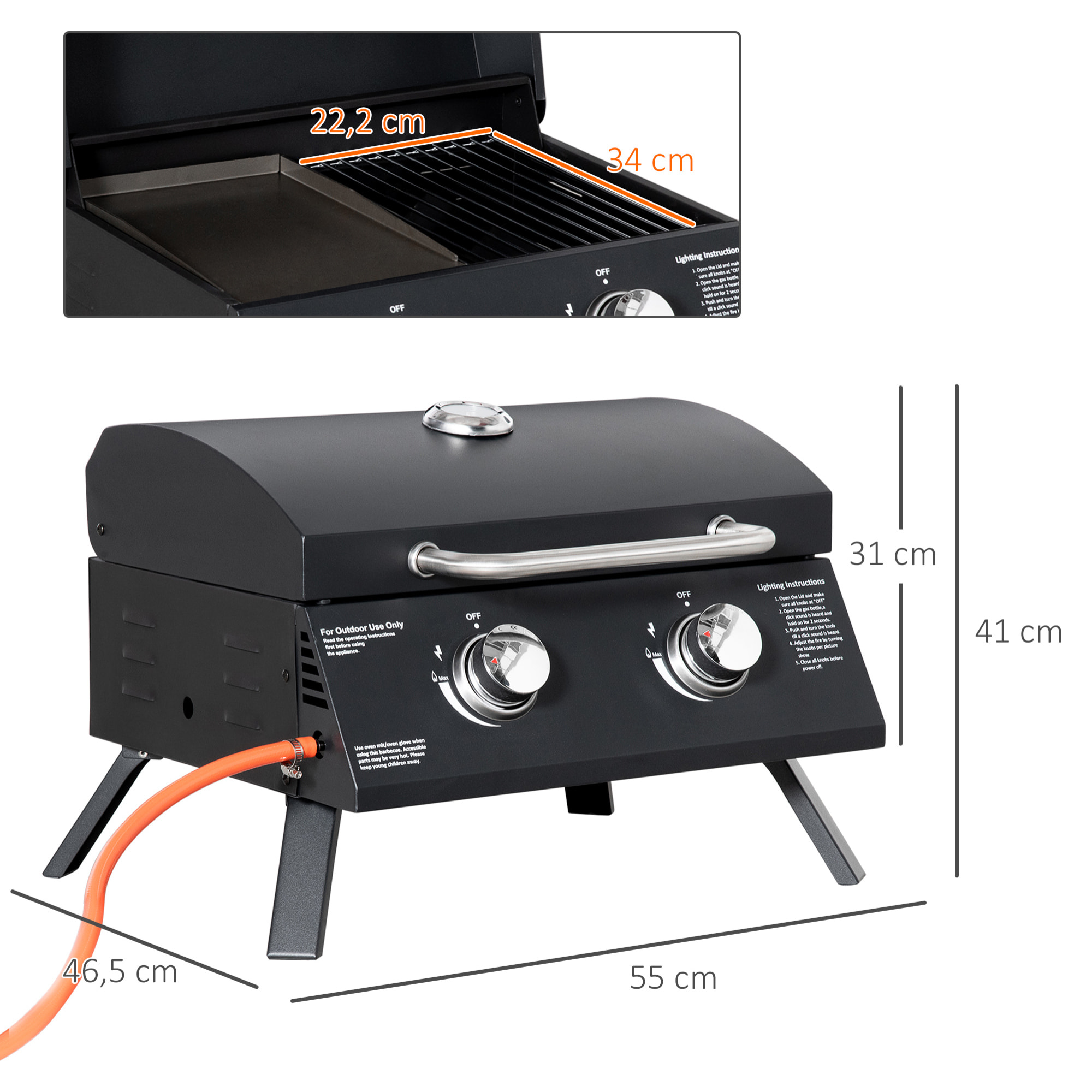 Barbacoa de Mesa a Gas Plegable con 2 Quemadores Parrilla de Gas Portátil con Tapa Acero a Carbono para Camping Picnic al Aire Libre Jardín 55x46,5x41 cm Negro