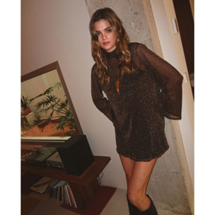 Vestido corto de tul con lurex y manga larga evasé de mujer