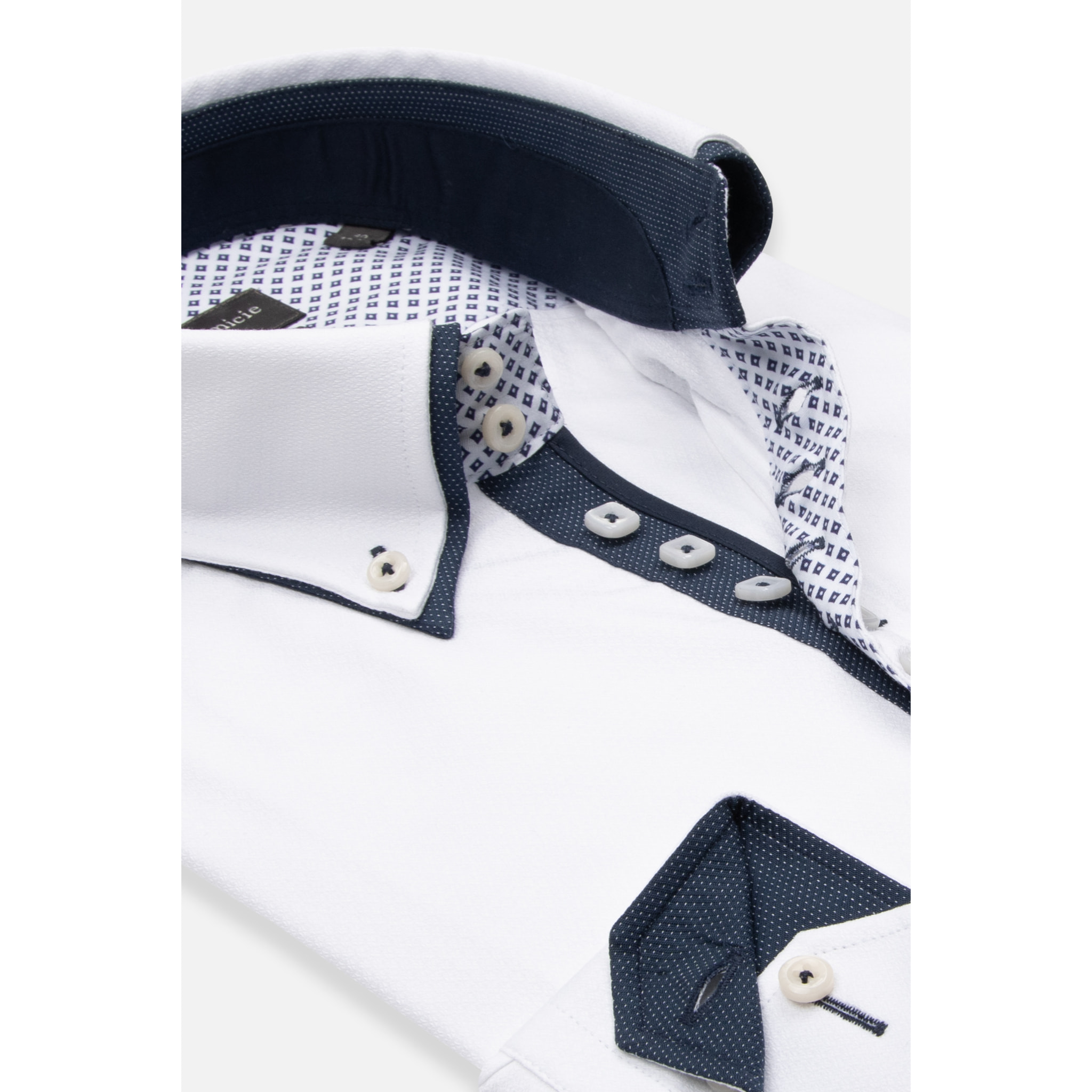 Camicia Uomo 2 Bottoni Button Down 7bottoni Doppio Coll Jacquard Fantasia Bianco e Bianco