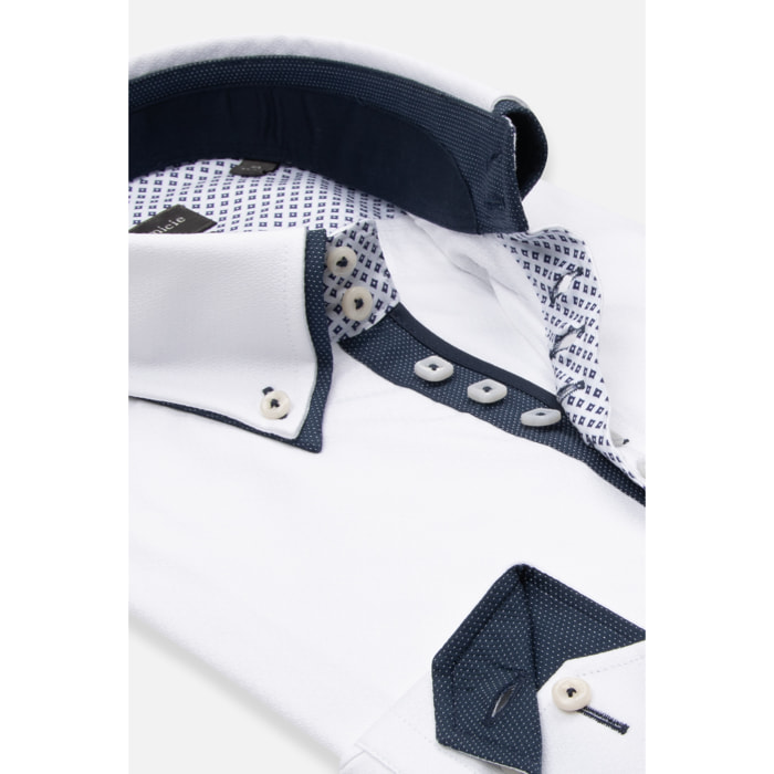 Camicia Uomo 2 Bottoni Button Down 7bottoni Doppio Coll Jacquard Fantasia Bianco e Bianco
