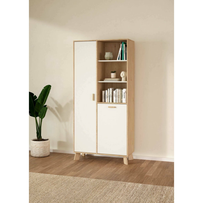 Vetrina Mirinae, Credenza espositiva, Vetrinetta multiuso, Madia da soggiorno, 89x40 h188 cm, Rovere e Bianco
