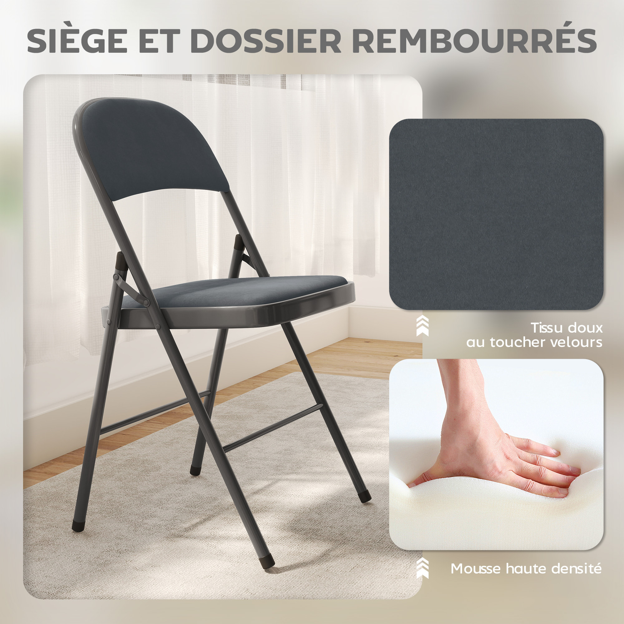 Lot de 4 chaises pliantes assise dossier rembourrés acier velours anthracite