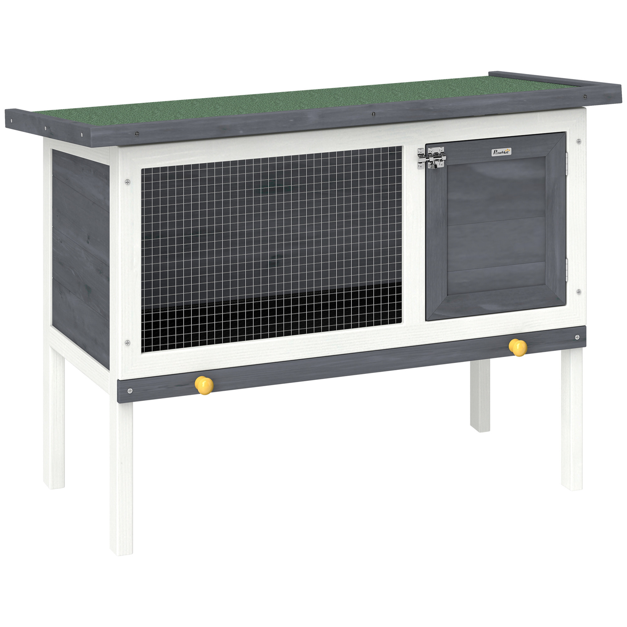 Conejera de Madera, Jaula para Conejos Medianos con Techo Asfáltico Abatible, Bandeja Extraíble, Puerta con Pestillo, Conejera Elevada Exterior, para Cobayas y Chinchillas, 90x45x65 cm, Gris
