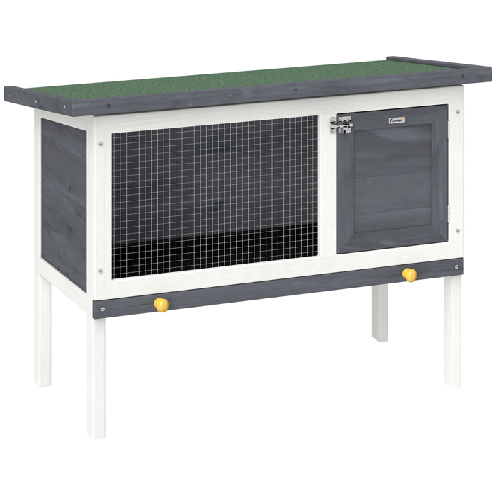 Conejera de Madera, Jaula para Conejos Medianos con Techo Asfáltico Abatible, Bandeja Extraíble, Puerta con Pestillo, Conejera Elevada Exterior, para Cobayas y Chinchillas, 90x45x65 cm, Gris