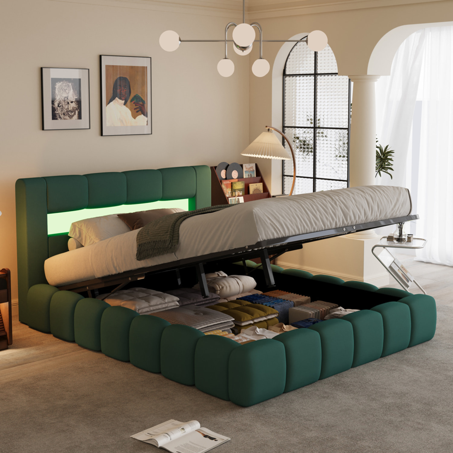 MAKILA Lit nuage coffre LED 160x200cm velours vert avec tête de lit et sommier