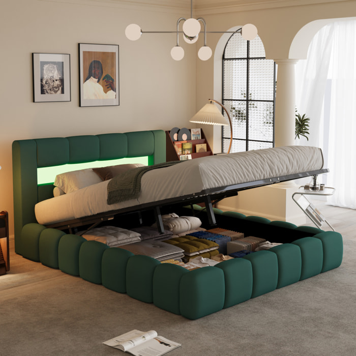 MAKILA Lit nuage coffre LED 160x200cm velours vert avec tête de lit et sommier