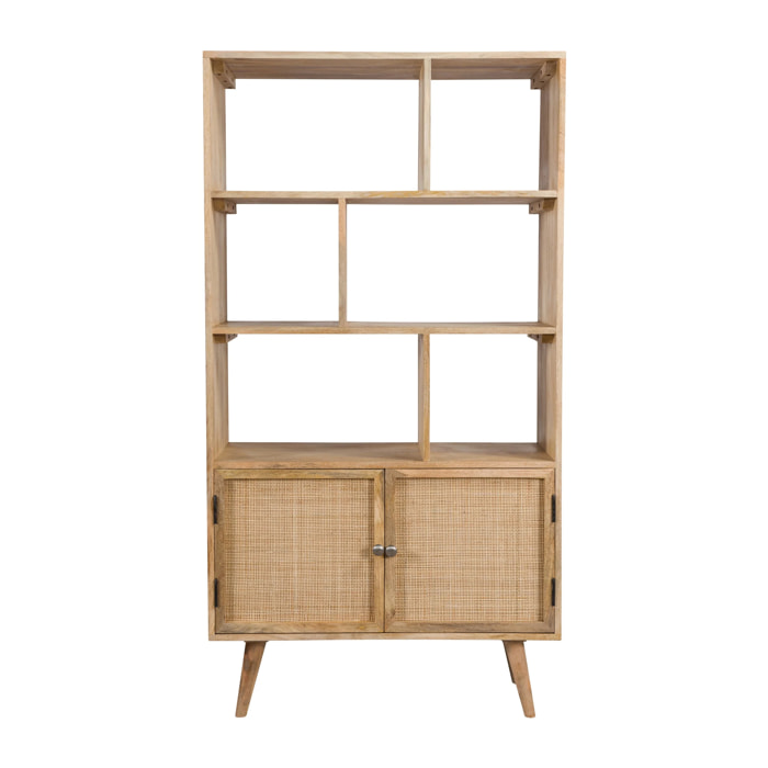 Etagère 6 niches 2 portes en cannage et bois de manguier - Cody