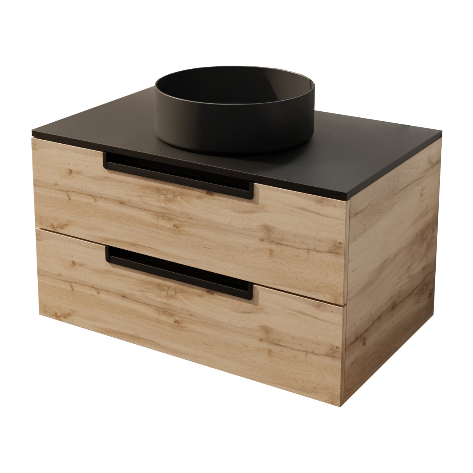 Meuble salle de bains 80 cm a Suspendre Decor Bois et Plan Noir - 2 Tiroirs - Vasque Noire 36 cm
