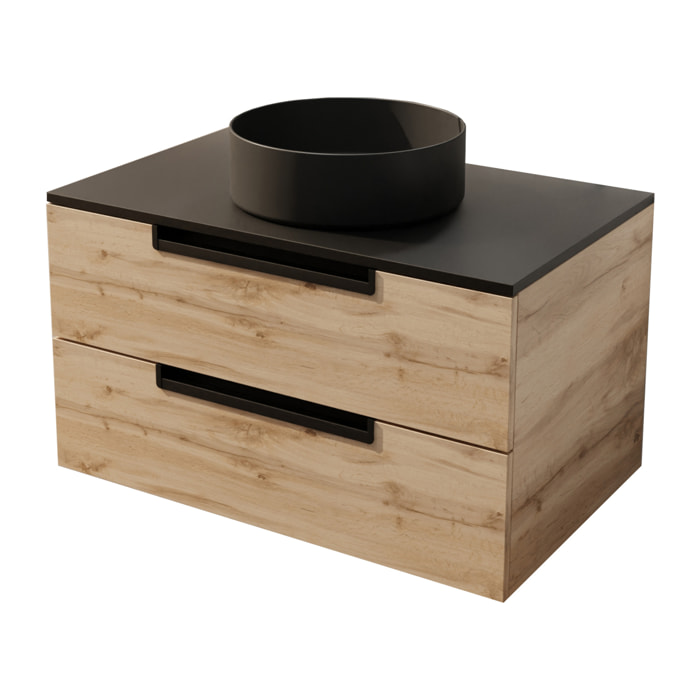 Meuble salle de bains 80 cm a Suspendre Decor Bois et Plan Noir - 2 Tiroirs - Vasque Noire 36 cm