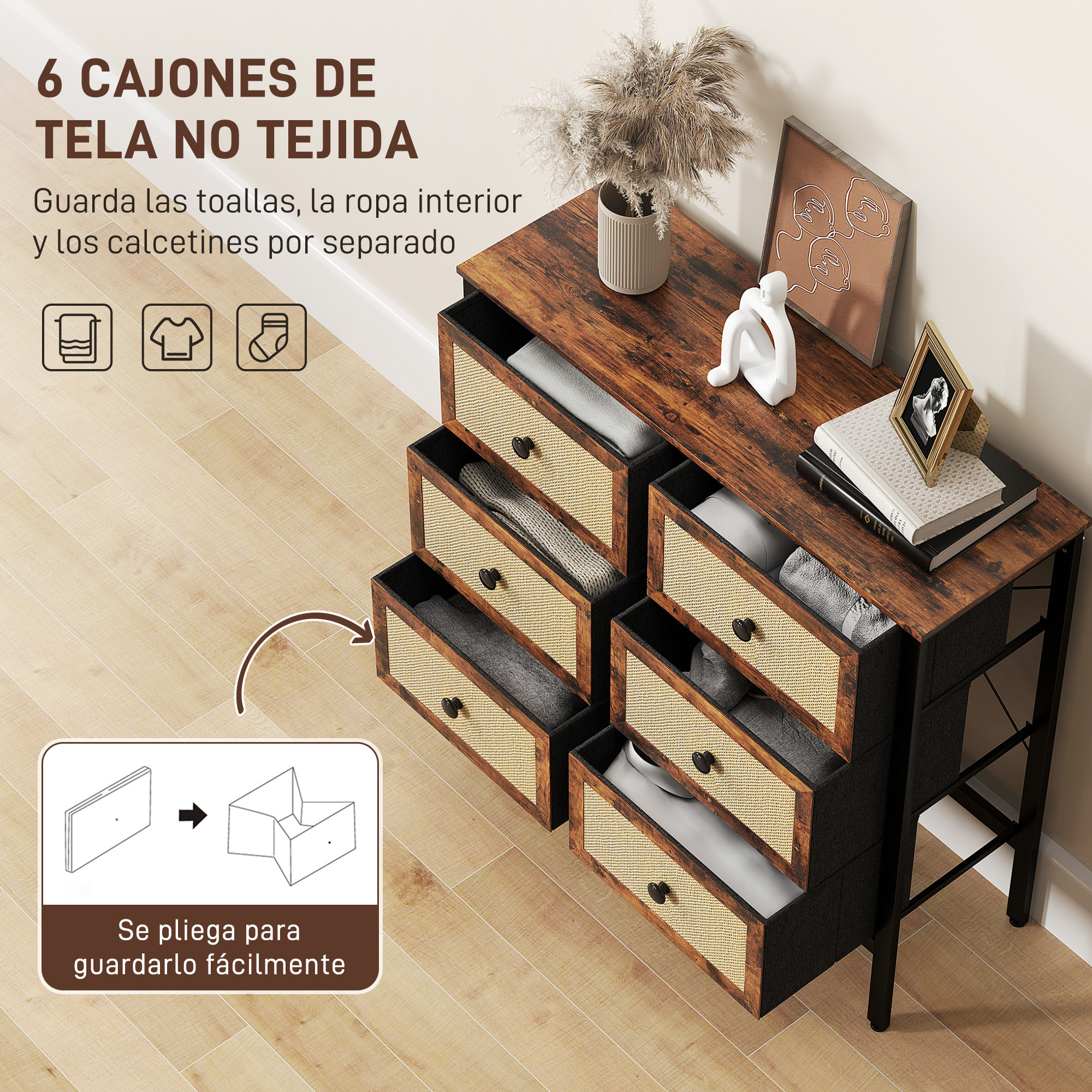 Cómoda para Dormitorio Cajonera de Tela con 6 Cajones Plegables con Frentes de Ratán y Marco de Acero Cajonera para Dormitorio Salón Marrón Rústico