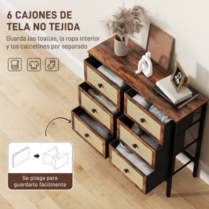 Cómoda para Dormitorio Cajonera de Tela con 6 Cajones Plegables con Frentes de Ratán y Marco de Acero Cajonera para Dormitorio Salón Marrón Rústico