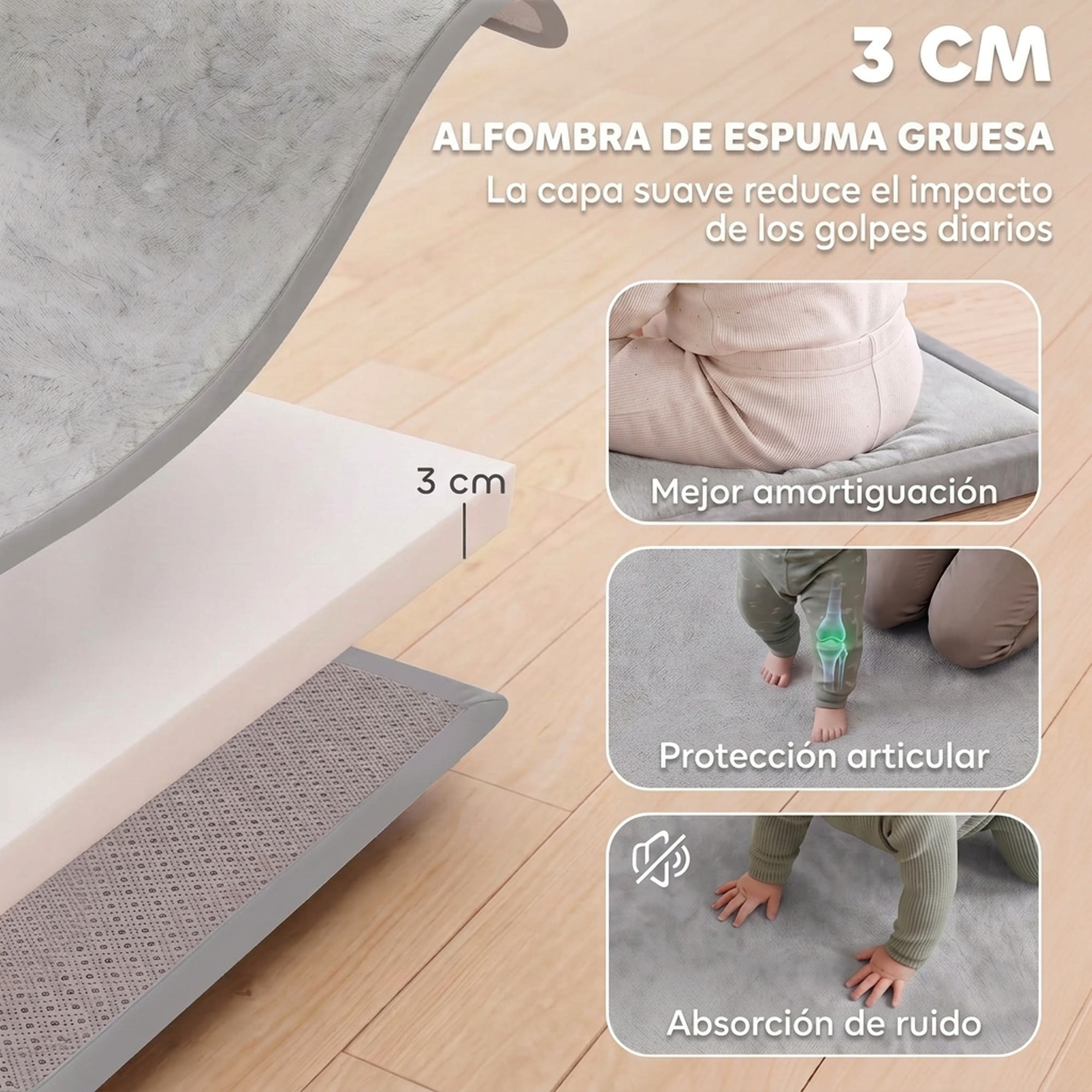 AIYAPLAY Alfombra Bebés Acolchada, 180x150 cm, Espuma de 3 cm, Colchoneta de Juegos, Franela Suave, Antideslizante, Resistente al Agua y Fácil de Limpiar, Gris Claro