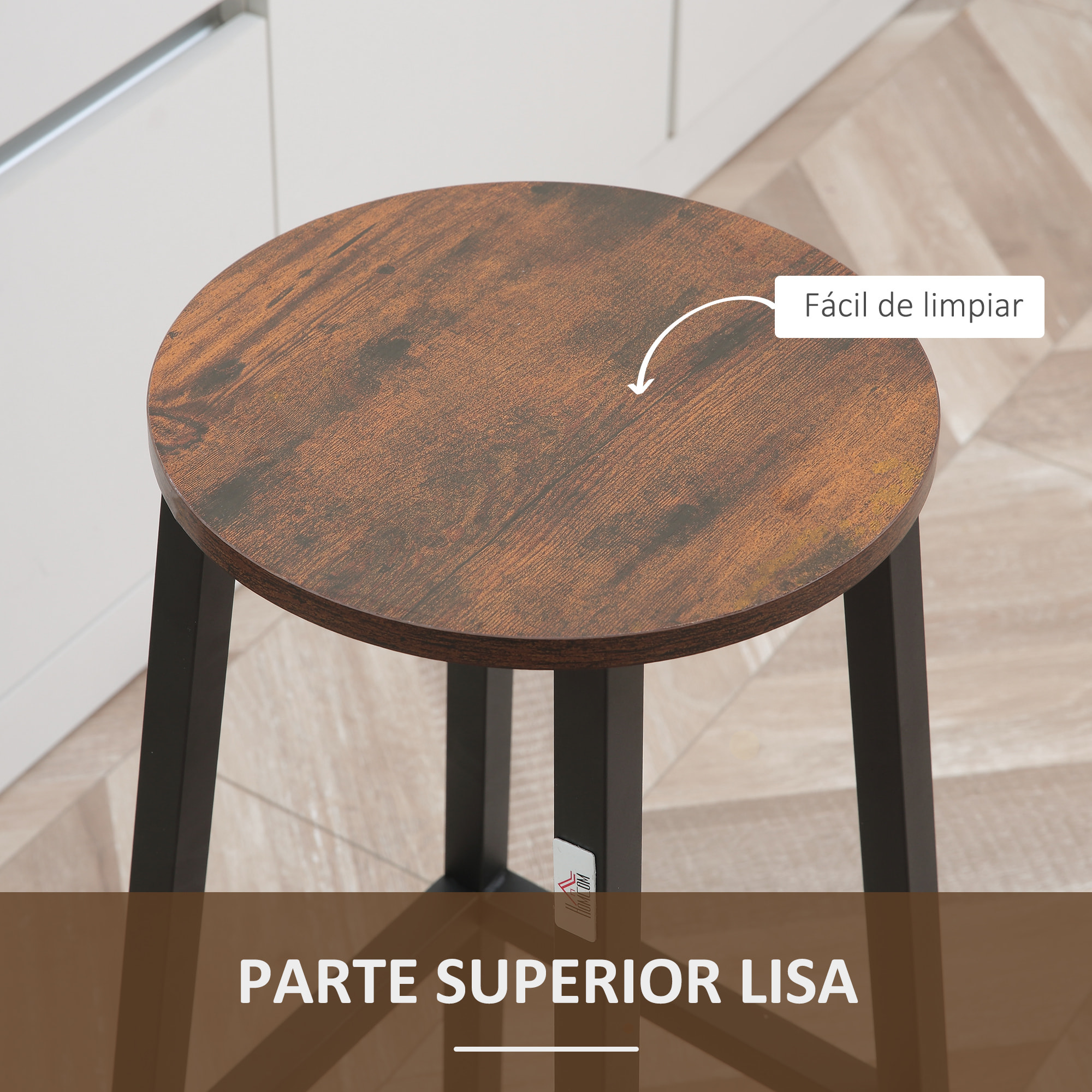 Juego de 2 Taburetes Altos de Cocina Taburetes de Bar con Patas de Acero y Reposapiés para Salón Comedor Bar Carga 75 kg 32,5x32,5x65 cm Marrón Rústico y Negro