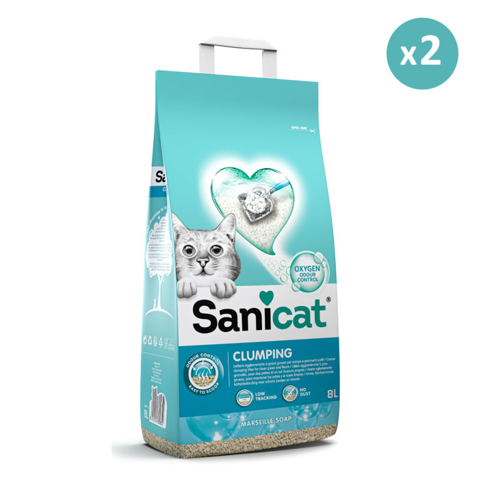 Litiere Sanicat Agglomérante oxygène actif Savon Marseille - 2 x 8L