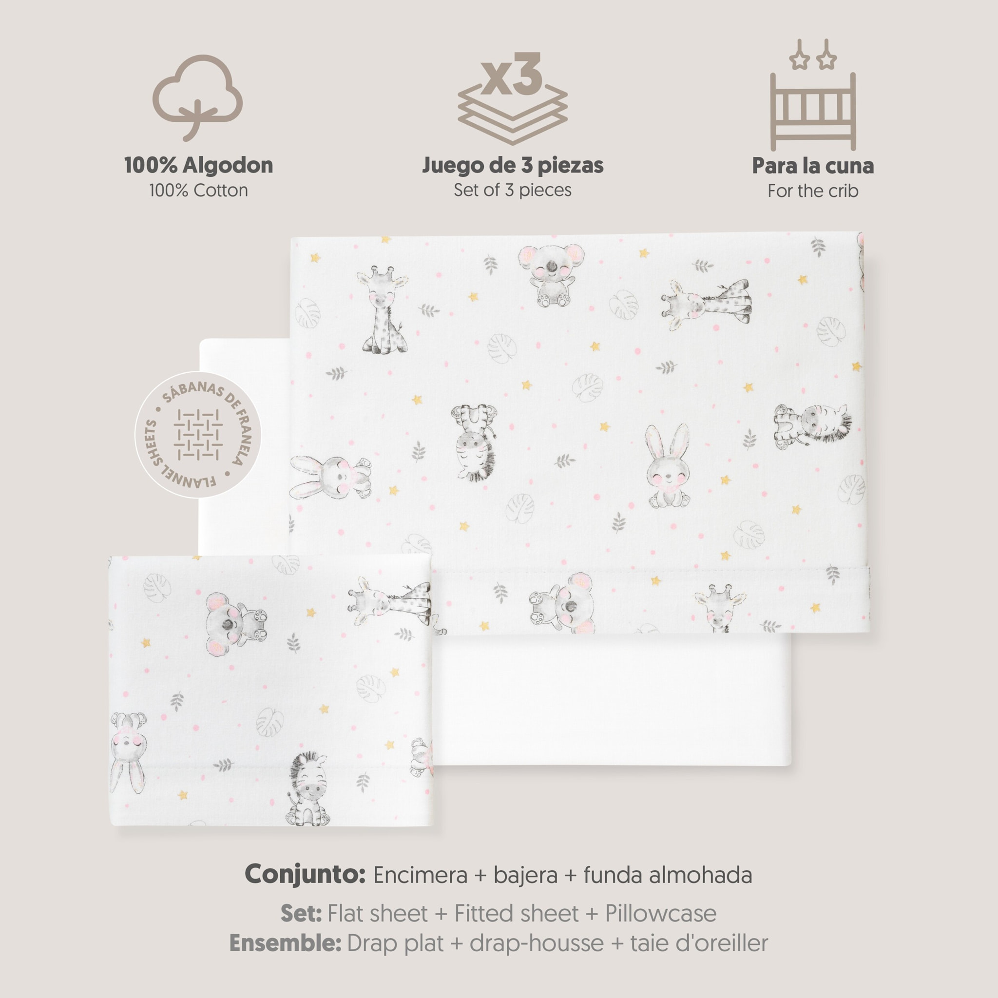 Triptico Cuna Franela Modelo Koala Bco/Rosa