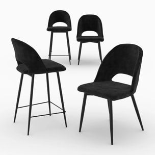 Pack 2 chaises et 2 chaises de bar 65 cm en velours noir - Pénélope