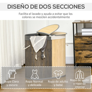 HOMCOM Cesto para Ropa Sucia de Bambú Capacidad de 100L Cesta para la Colada con Tapa Abatible y Bolsa de 2 Compartimentos Extraíble 62,5x37x60,5 cm Gris y Natural