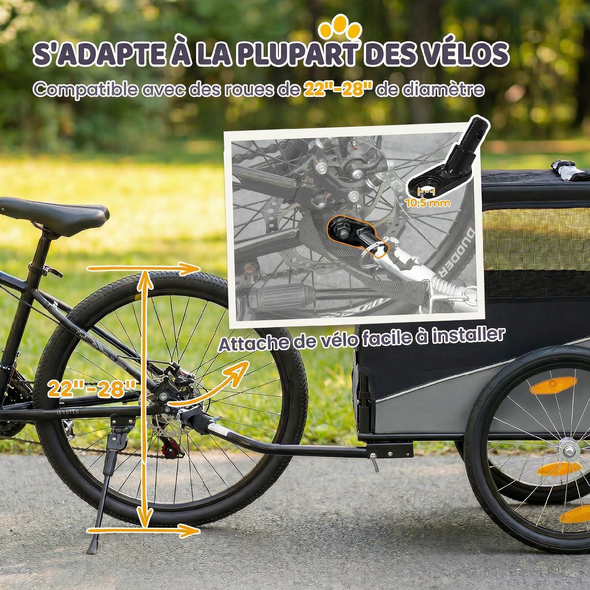 Remorque vélo chien pliable attache universelle pneus 20" réflecteurs drapeau harnais gris