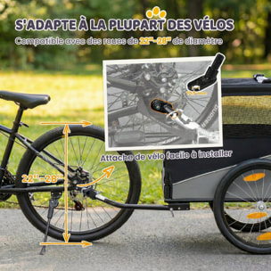 Remorque vélo chien pliable attache universelle pneus 20" réflecteurs drapeau harnais gris