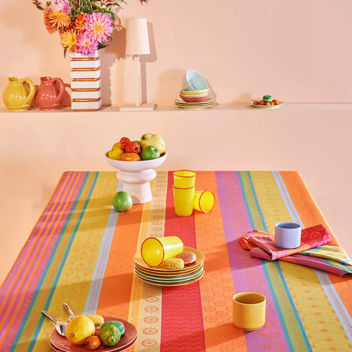 Nappe pur coton enduit motif jacquard vert orange Mille broderies samba
