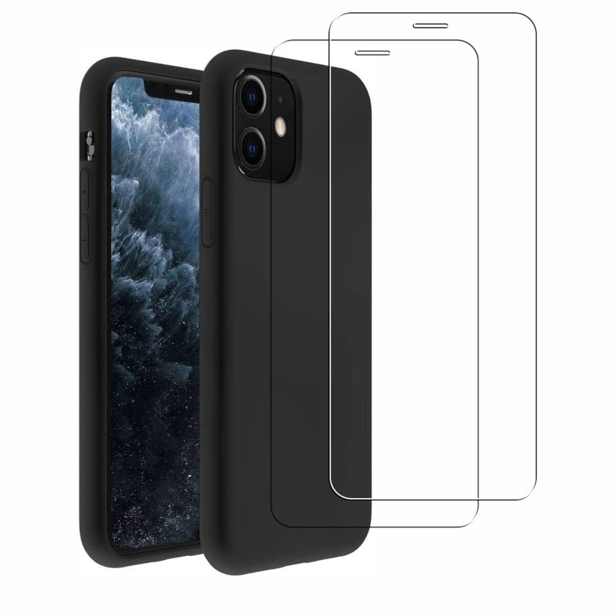 Coque iPhone 11 Silicone liquide Noire + 2 Vitres en Verre trempé Protection écran Antichocs